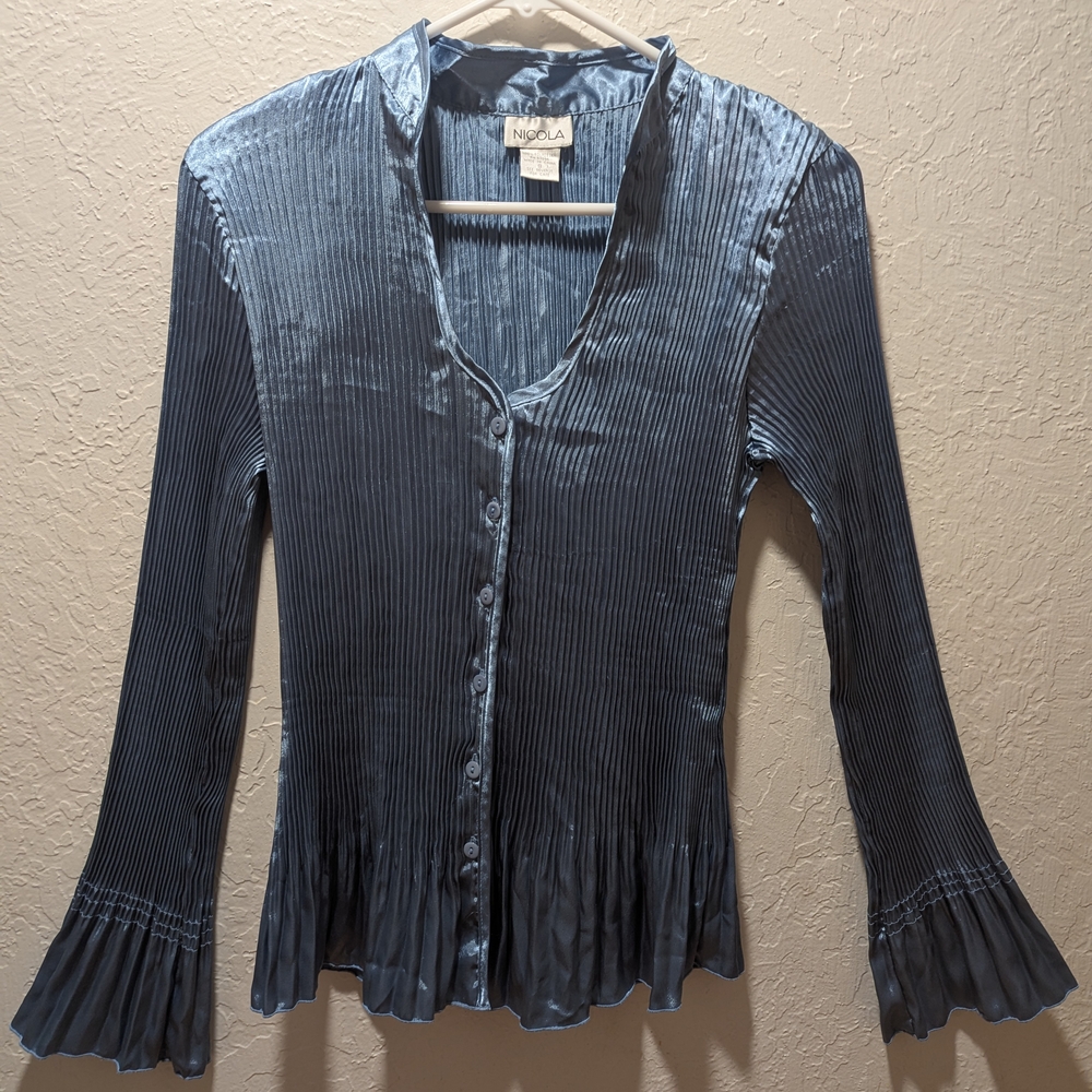 NICOLA Blue Blouse with Bell Sleeves and Pleated Details